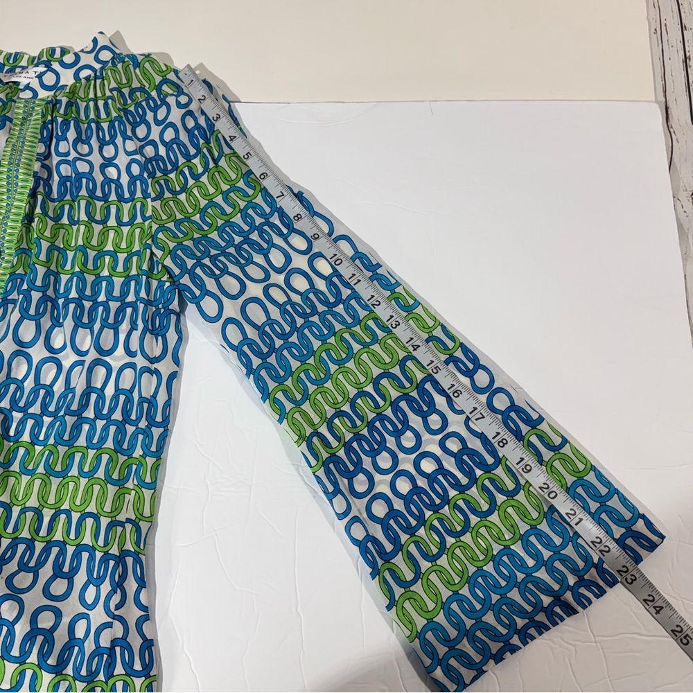 Trina Turk Blue & Green Chain-Print Long-Sleeve Silk Blouse Small - Picture 9 of 9